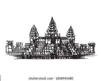 Angkor Wat temple ruins vector hand drawn black and white illustration 