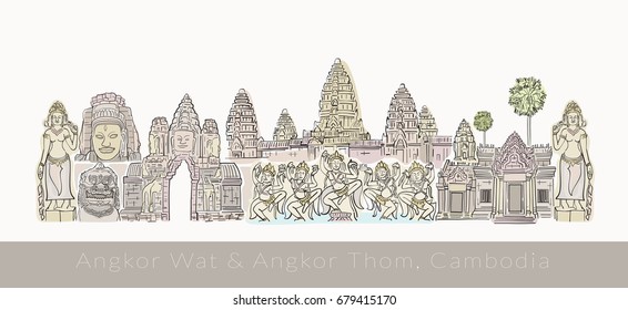 Angkor Wat and Angkor Thom, Cambodia Sketch Drawing, Travel Landmark and Tourist Attraction