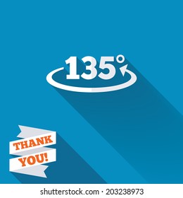 Angle 135 degrees sign icon. Geometry math symbol. White flat icon with long shadow. Paper ribbon label with Thank you text. Vector