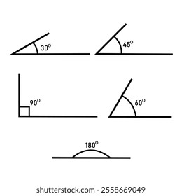  Angle of 180, 45,30,90, 60 degrees vector illustration. The symbol of geometry, mathematics. Trigonometry template. Degree of arc and pie chart isolated on transparent background.