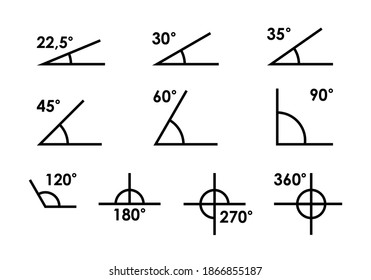 Winkel von 180, 45,30,90 Grad Vektorgrafik. Das Symbol der Geometrie, der Mathematik. Satz von Vektorsymbol, bestehend aus Winkeln verschiedener Grade.