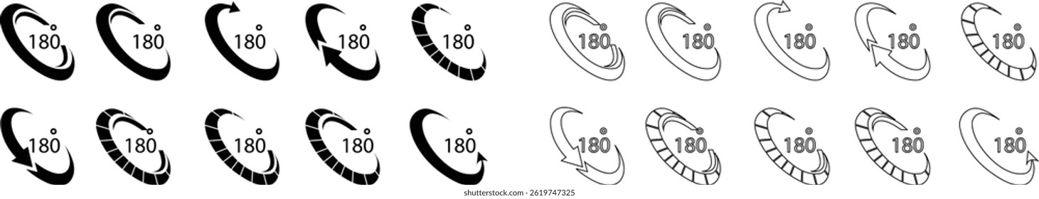 Angle 180 degrees icon set Rotation Degree icons Flat vector, geometric mathematical angle radian of 180 rotation arrow symbol, isolated on transparent background, used for mobile app, web page or ui