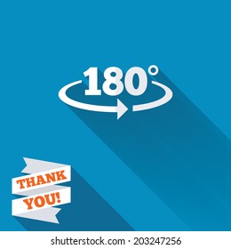 Angle 180 degrees sign icon. Geometry math symbol. White flat icon with long shadow. Paper ribbon label with Thank you text. Vector