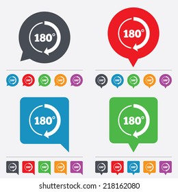 Angle 180 degrees sign icon. Geometry math symbol. Speech bubbles information icons. 24 colored buttons. Vector
