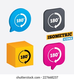 Angle 180 degrees sign icon. Geometry math symbol. Isometric speech bubbles and cube. Rotated icons with edges. Vector