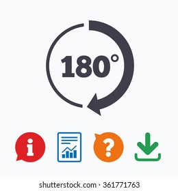 Angle 180 degrees sign icon. Geometry math symbol. Information think bubble, question mark, download and report.