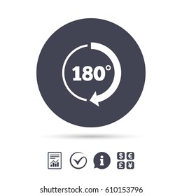 Angle 180 degrees sign icon. Geometry math symbol. Report document, information and check tick icons. Currency exchange. Vector