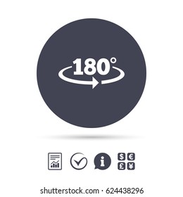 Angle 180 degrees sign icon. Geometry math symbol. Report document, information and check tick icons. Currency exchange. Vector