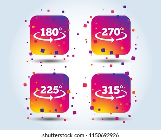 Angle 180-315 degrees icons. Geometry math signs symbols. Full complete rotation arrow. Colour gradient square buttons. Flat design concept. Vector