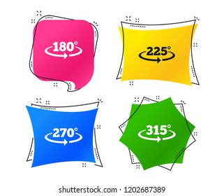 Angle 180-315 degrees icons. Geometry math signs symbols. Full complete rotation arrow. Geometric colorful tags. Banners with flat icons. Trendy design. Vector