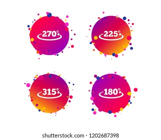 Angle 180-315 degrees icons. Geometry math signs symbols. Full complete rotation arrow. Gradient circle buttons with icons. Random dots design. Vector