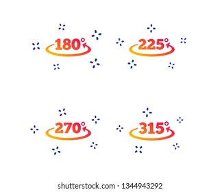 Angle 180-315 degrees icons. Geometry math signs symbols. Full complete rotation arrow. Random dynamic shapes. Gradient angle icon. Vector