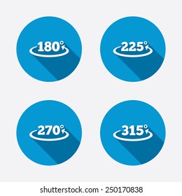 Angle 180-315 degrees icons. Geometry math signs symbols. Full complete rotation arrow. Circle concept web buttons. Vector