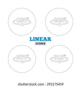 Angle 180-315 degrees icons. Geometry math signs symbols. Full complete rotation arrow. Linear outline web icons. Vector