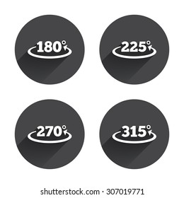 Angle 180-315 degrees icons. Geometry math signs symbols. Full complete rotation arrow. Circles buttons with long flat shadow. Vector