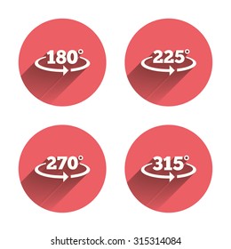 Angle 180-315 degrees icons. Geometry math signs symbols. Full complete rotation arrow. Pink circles flat buttons with shadow. Vector