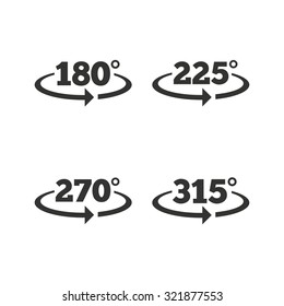 Angle 180-315 degrees icons. Geometry math signs symbols. Full complete rotation arrow. Flat icons on white. Vector