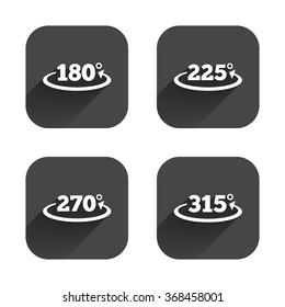 Angle 180-315 degrees icons. Geometry math signs symbols. Full complete rotation arrow. Square flat buttons with long shadow.