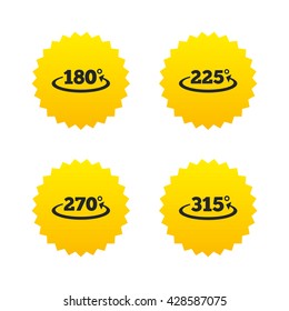 Angle 180-315 degrees icons. Geometry math signs symbols. Full complete rotation arrow. Yellow stars labels with flat icons. Vector