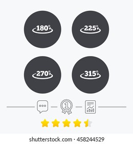 Angle 180-315 degrees icons. Geometry math signs symbols. Full complete rotation arrow. Chat, award medal and report linear icons. Star vote ranking. Vector