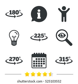 Angle 180-315 degrees icons. Geometry math signs symbols. Full complete rotation arrow. Information, light bulb and calendar icons. Investigate magnifier. Vector