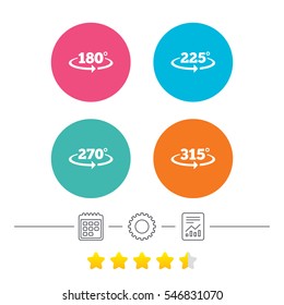 Angle 180-315 degrees icons. Geometry math signs symbols. Full complete rotation arrow. Calendar, cogwheel and report linear icons. Star vote ranking. Vector