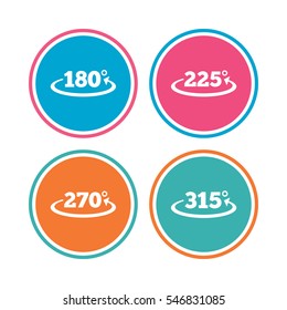 Angle 180-315 degrees icons. Geometry math signs symbols. Full complete rotation arrow. Colored circle buttons. Vector