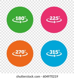 Angle 180-315 degrees icons. Geometry math signs symbols. Full complete rotation arrow. Round buttons on transparent background. Vector