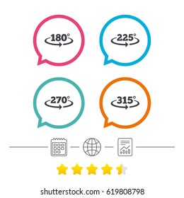 Angle 180-315 degrees icons. Geometry math signs symbols. Full complete rotation arrow. Calendar, internet globe and report linear icons. Star vote ranking. Vector