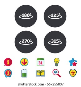 Angle 180-315 degrees icons. Geometry math signs symbols. Full complete rotation arrow. Calendar, Information and Download signs. Stars, Award and Book icons. Light bulb, Shield and Search. Vector