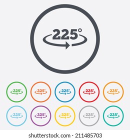 Angle 225 degrees sign icon. Geometry math symbol. Round circle buttons with frame. Vector