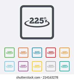 Angle 225 degrees sign icon. Geometry math symbol. Round squares buttons with frame. Vector