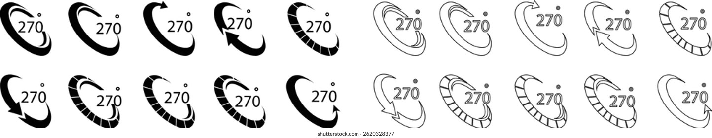Angle 270 degrees icon set Rotation Degree icons Flat vector, geometric mathematical angle radian of 270 rotation arrow symbol, isolated on transparent background, used for mobile app, web page or ui