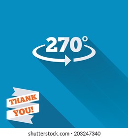 Angle 270 degrees sign icon. Geometry math symbol. White flat icon with long shadow. Paper ribbon label with Thank you text. Vector