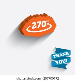 Angle 270 degrees sign icon. Geometry math symbol. White icon on orange 3D piece of wall. Carved in stone with long flat shadow. Vector