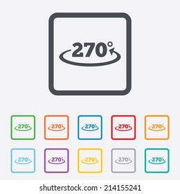 Angle 270 degrees sign icon. Geometry math symbol. Round squares buttons with frame. Vector