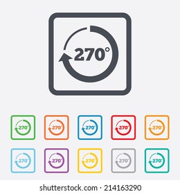 Angle 270 degrees sign icon. Geometry math symbol. Round squares buttons with frame. Vector