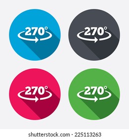 Angle 270 degrees sign icon. Geometry math symbol. Circle buttons with long shadow. 4 icons set. Vector