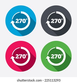 Angle 270 degrees sign icon. Geometry math symbol. Circle buttons with long shadow. 4 icons set. Vector