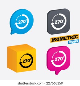 Angle 270 degrees sign icon. Geometry math symbol. Isometric speech bubbles and cube. Rotated icons with edges. Vector