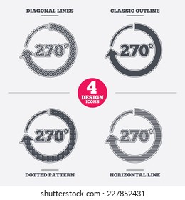 Angle 270 degrees sign icon. Geometry math symbol. Diagonal and horizontal lines, classic outline, dotted texture. Pattern design icons.  Vector