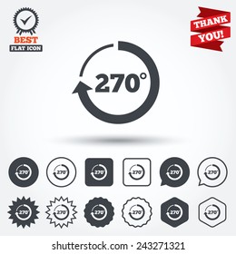 Angle 270 degrees sign icon. Geometry math symbol. Circle, star, speech bubble and square buttons. Award medal with check mark. Thank you ribbon. Vector
