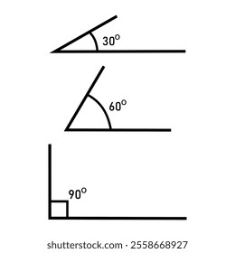  Angle of 30, 60,90 degrees vector illustration. The symbol of geometry, mathematics. Trigonometry template. Degree of arc and pie chart isolated on transparent background.