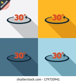 Angle 30 degrees sign icon. Geometry math symbol. Four squares. Colored Flat design buttons. Vector