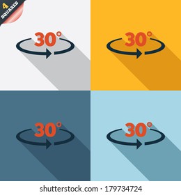 Angle 30 degrees sign icon. Geometry math symbol. Four squares. Colored Flat design buttons. Vector