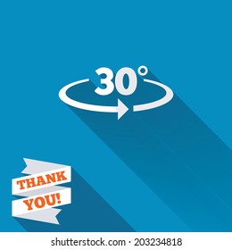 Angle 30 degrees sign icon. Geometry math symbol. White flat icon with long shadow. Paper ribbon label with Thank you text. Vector