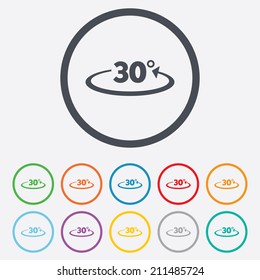 Angle 30 degrees sign icon. Geometry math symbol. Round circle buttons with frame. Vector