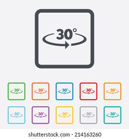 Angle 30 degrees sign icon. Geometry math symbol. Round squares buttons with frame. Vector