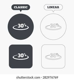 Angle 30 degrees sign icon. Geometry math symbol. Classic and line web buttons. Circles and squares. Vector