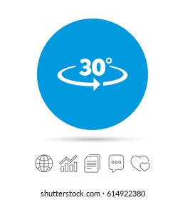 Angle 30 degrees sign icon. Geometry math symbol. Copy files, chat speech bubble and chart web icons. Vector